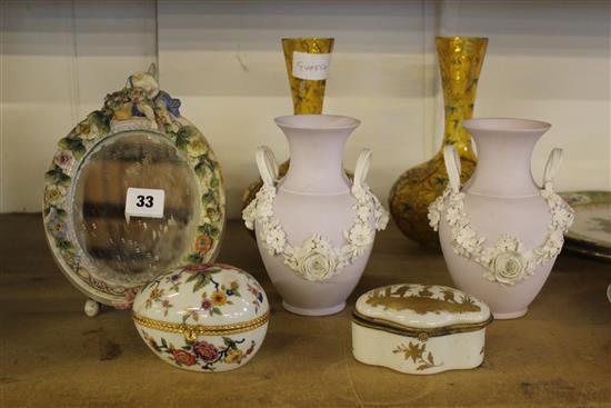 Pair of enamelled glass vases, pair or floral plates, floral encrusted vases & Sitzendorf style mirror etc